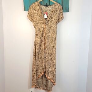 America and Beyond cheetah print pom pom high low faux wrap dress NWT